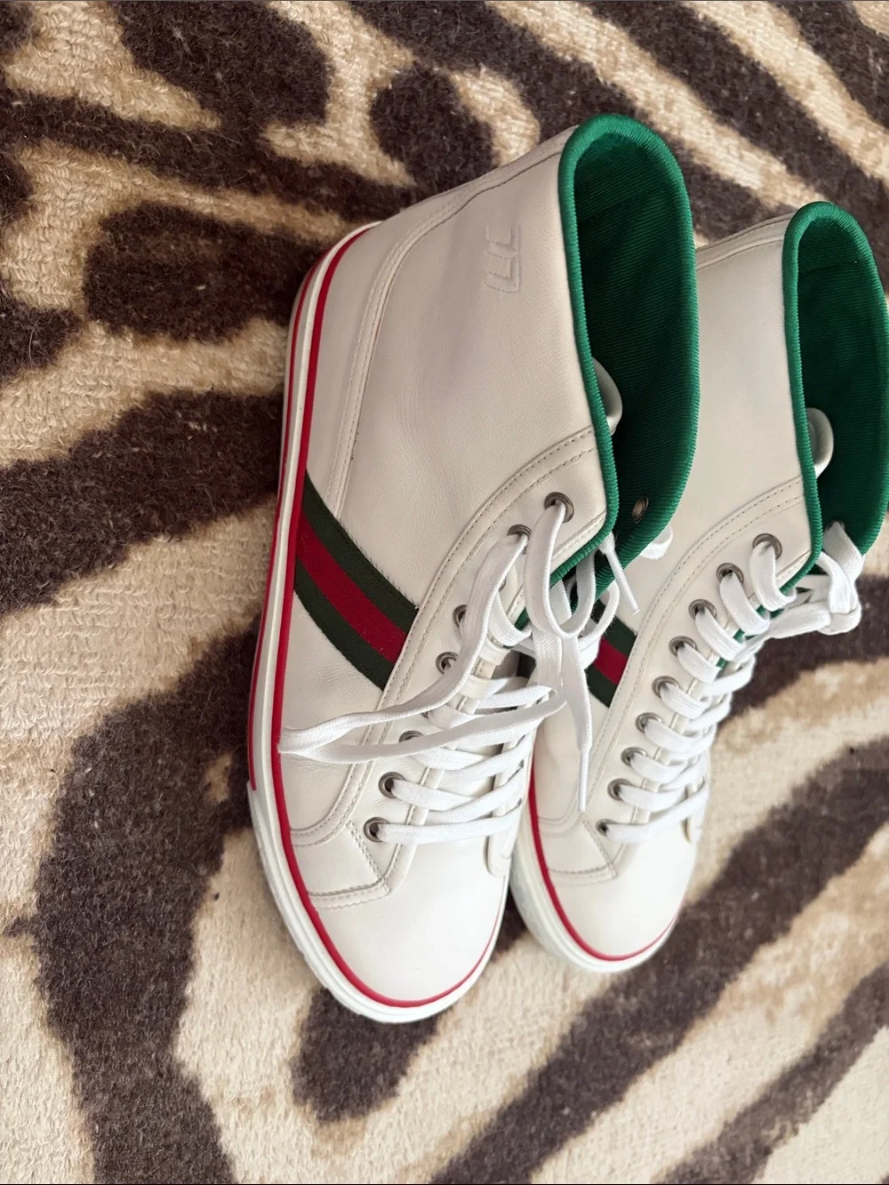 Gucci White High-Top Tennis Sneaker with Green Lining and Red Trim